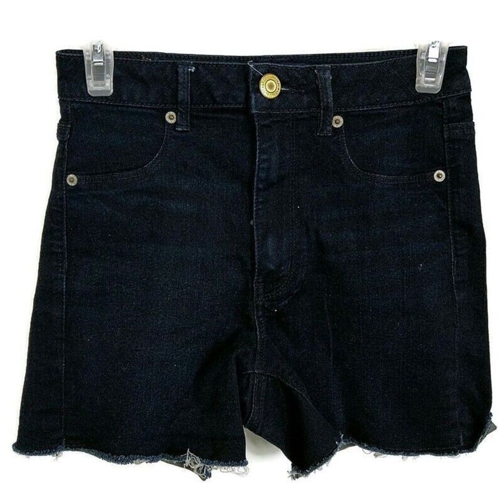 American Eagle Womens sz 4 Jean Shorts Blue Dark Wash Denim Frayed Super Stretch